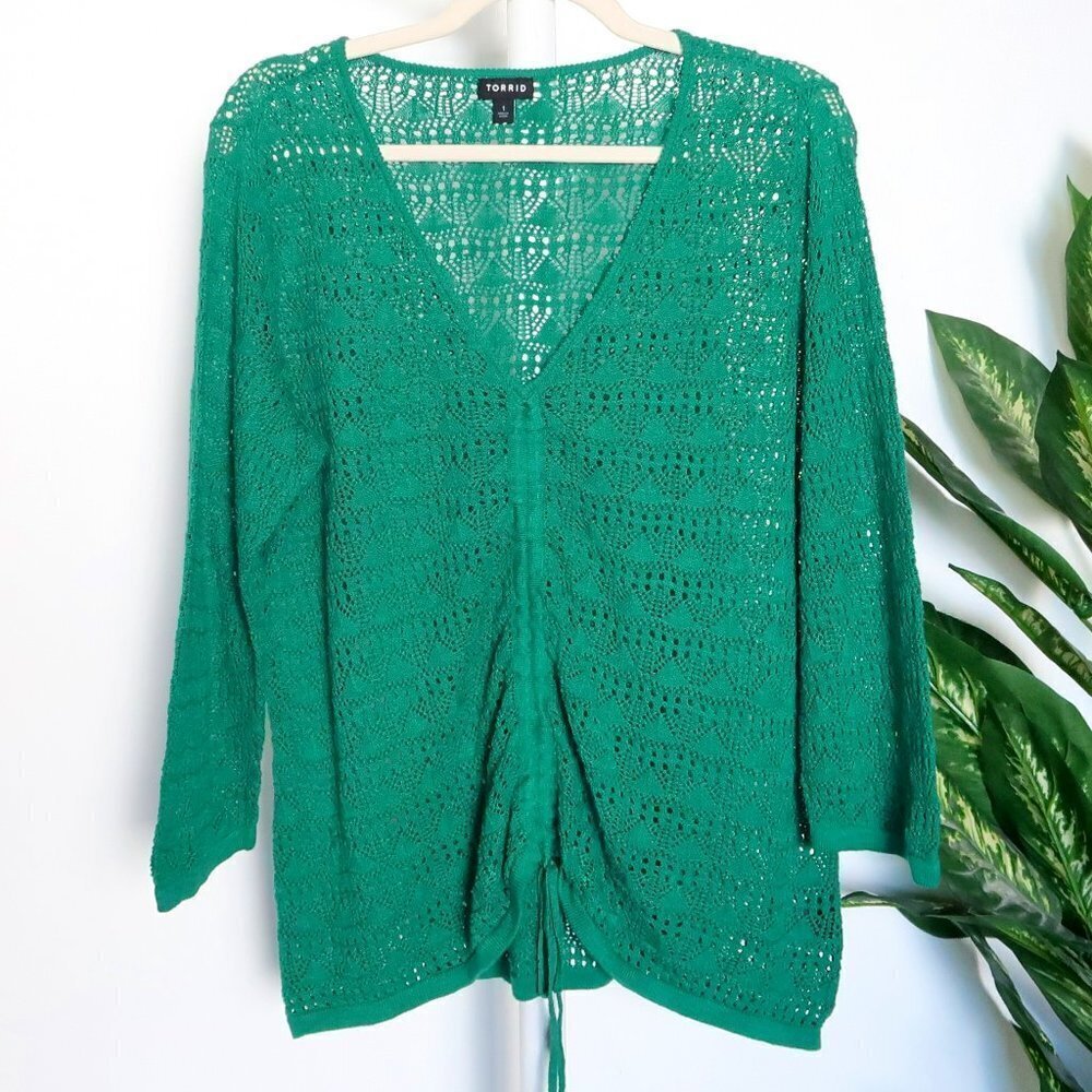Torrid Green Crochet Open Stitch Pullover V-Neck Cinched Front Sweater / Top 1x - Picture 11 of 12